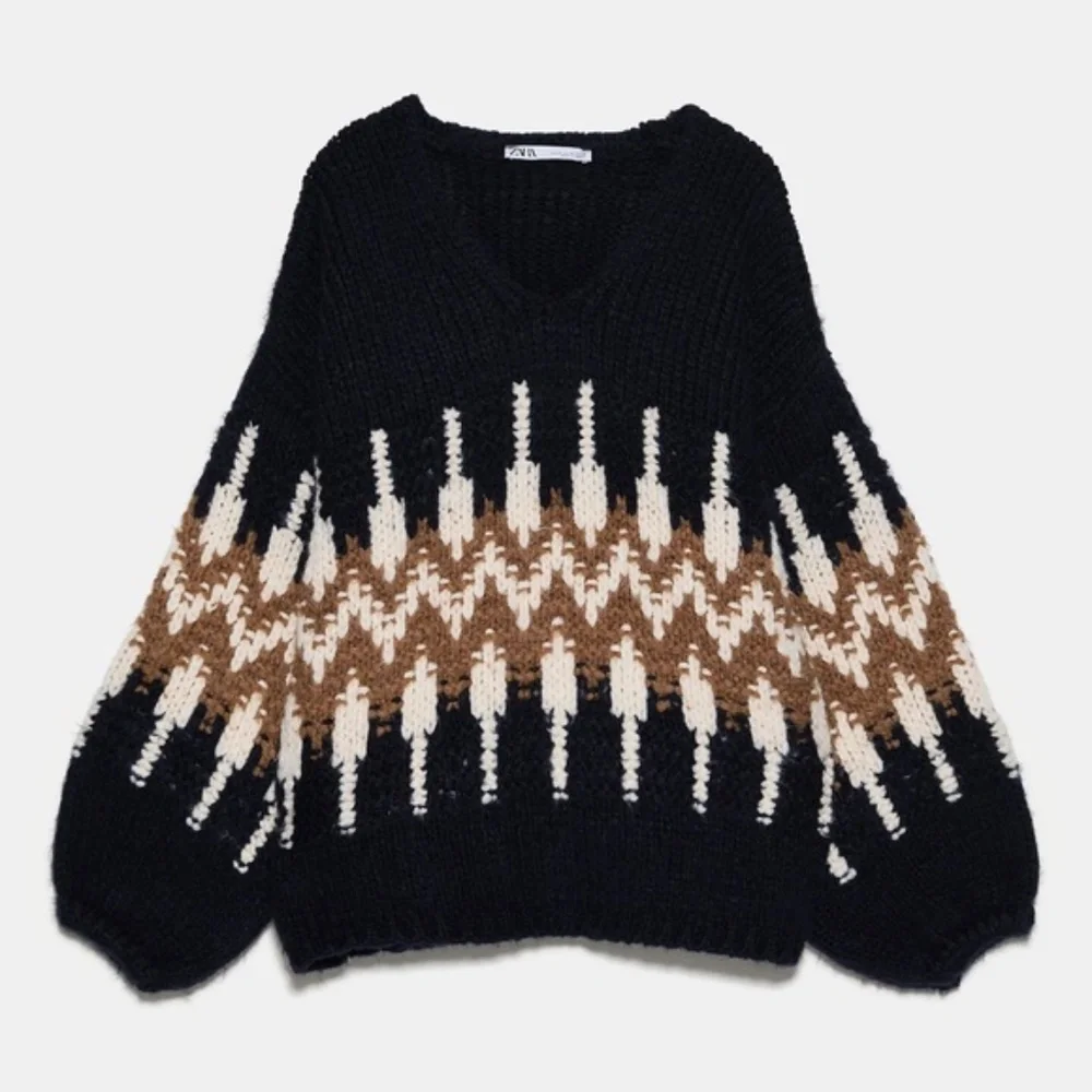 NWT ZARA BALLOON SLEEVE JACQUARD navy blue SWEATER - Picture 1 of 3